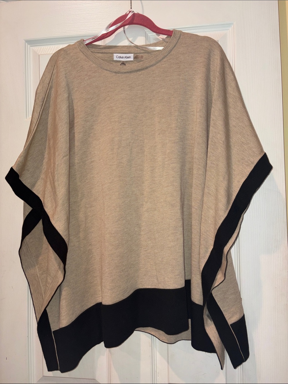 Calvin Klein Beige Poncho Sweater Top with Black Trim, S/M, NWT